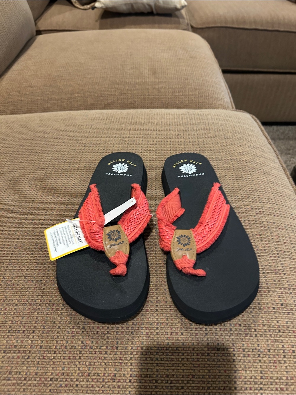 Yellow Box Coral Braided-Strap Flip Flops with Black Footbed NWT size 7.5